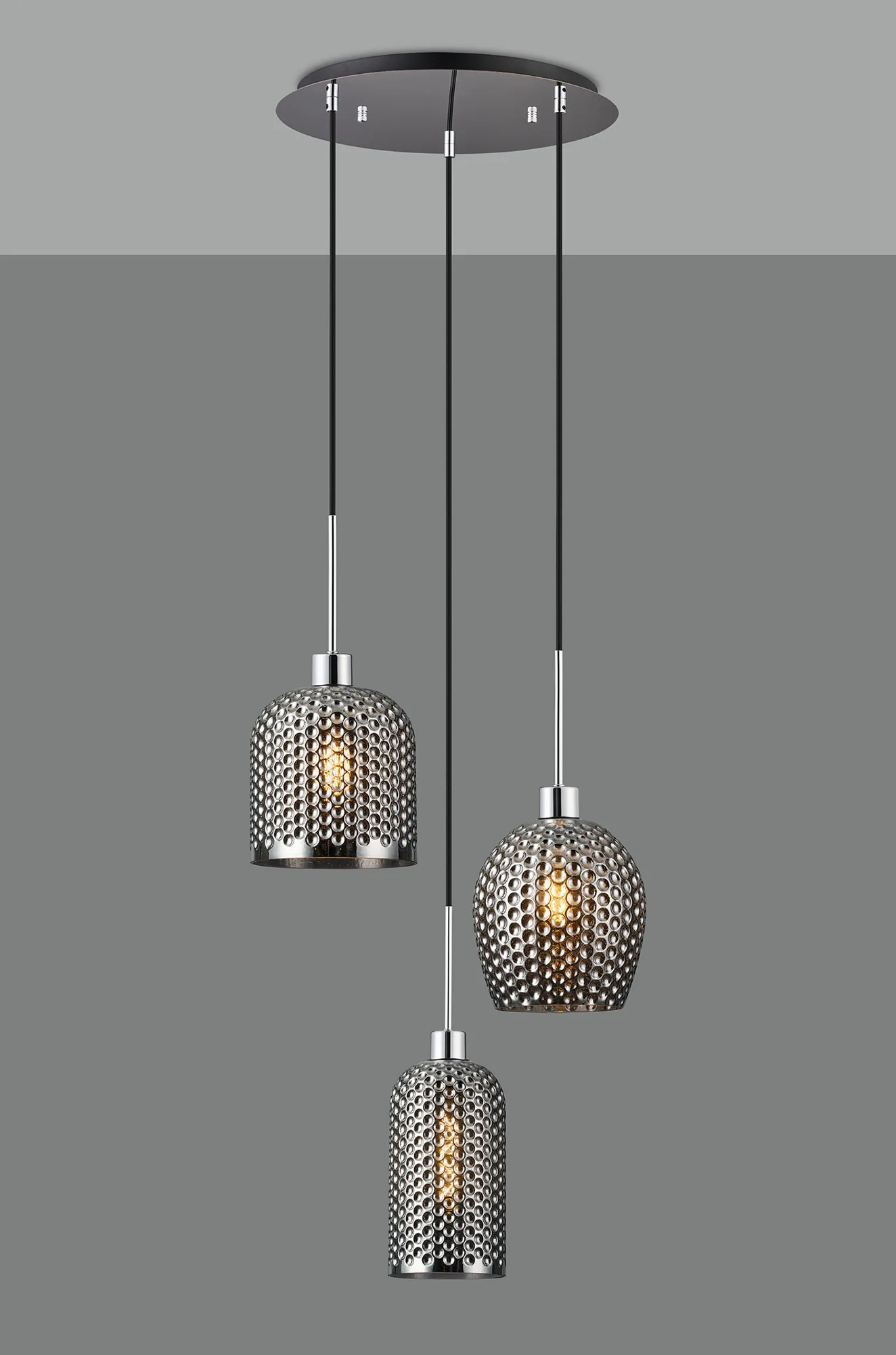 Lori 40cm Round Pendant, 3 Light Adjustable E27, Polished Chrome/Matt Grey Various Patterned & Wine Shades DK1280  Deco Lori Polished Chrome